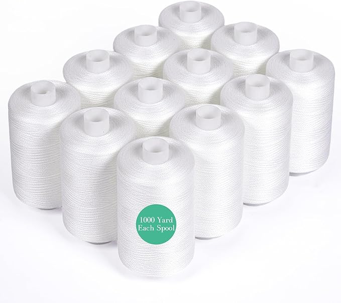 12 Pcs White Sewing Thread, 1000 Yard Each Spool 402 Polyester White Thread for Sewing, All Purpose Threads for Machine, Hand Stitching, Embroidery Clothing Repair, Home Decor