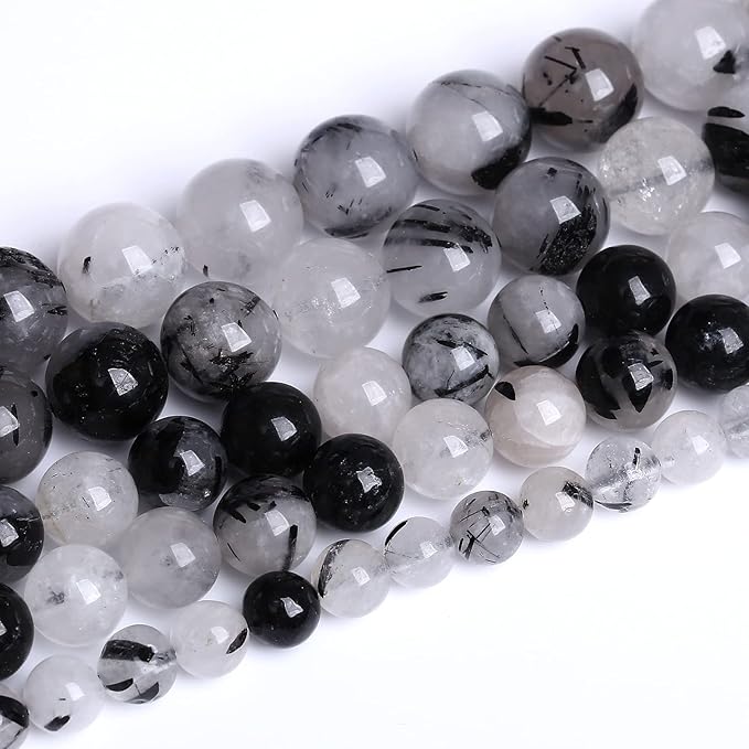 AAA Natural Black Quartz Rutilated Beads Round Loose Beads for Jewelry Making DIY Bracelet 45pcs 8mm Crystal Energy Healing Power Stone (Black Rutilated Quartz Crystal, 8mm)
