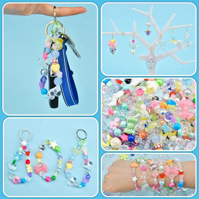 ABONDEVER 245-300Pcs Assorted Acrylic Beads for Bracelets Making Cute Star Bow Flower Candy Heart Gummy Bear Butterfly Beads for DIY Jewelry Crafts Keychain Necklace Phone Charms(Candy)