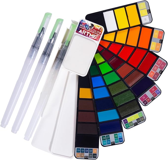 Watercolor Paint set – 42 Assorted Colors with 3 Brushes – Perfect Foldable Watercolor Field Sketch Set for Outdoor Painting –Travel Pocket Watercolor Kit