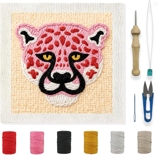 INFUNLY Punch Needle Frame Kits Pink Leopard Punch Needle Embroidery Set with Patterns 9.4x9.4 DIY Punch Needlework Kit for Beginners with Yarn Fabric Festival Gift Home Decor