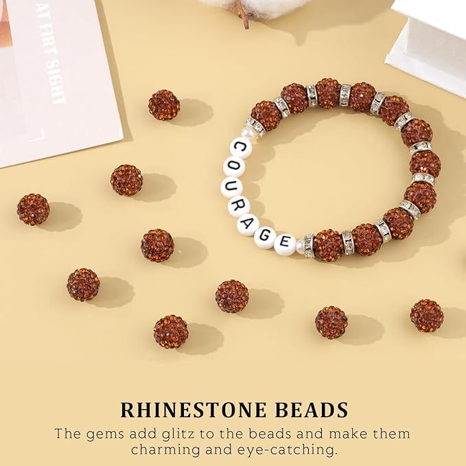 120pcs 10mm rhinestone beads for jewelry making, brown shiny round shamballa disco ball beads bulk, sparkle crystal clay christmas for bracelet baseball necklace earring crafting and diy