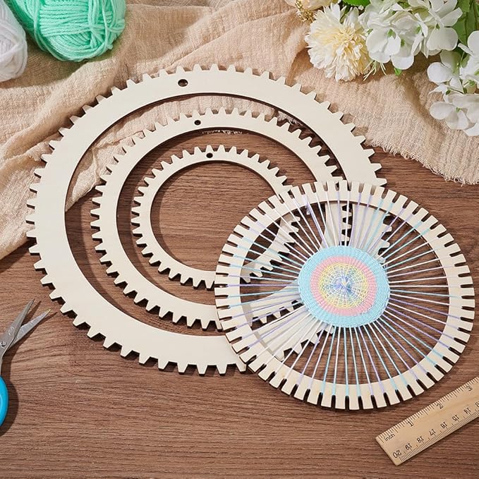 BENECREAT 3 Sizes Wooden Weaving Loom Kit, 5/7.8/11 inch Round Gear Shape DIY Weaving Loom for Hanging Decor Woven Tapestry Knitted Crafts Making, 5mm Thick