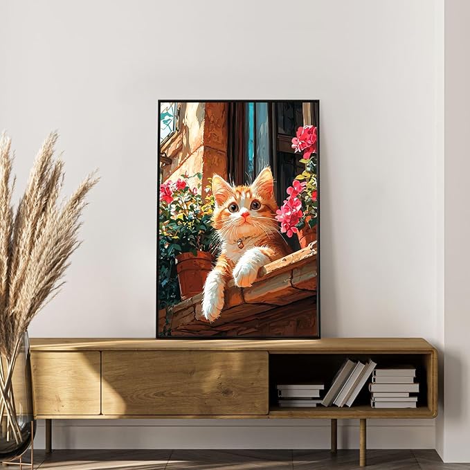 Okarina Framed Paint by Numbers Kit for Adults Beginner Cute Cat, Adult Paint by Number Kits on Canvas Framed Cat, DIY Acrylic Oil Painting by Numbers with Frame, Perfect for Home Decor 8 X 12 Inch