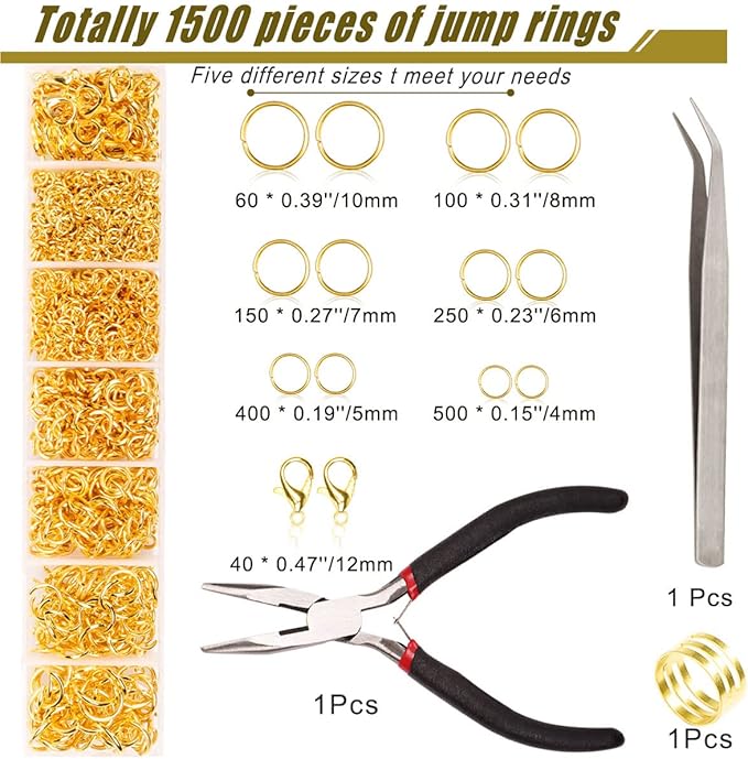 Jump Rings for Jewelry Making Kit, 1500 pcs Jewelry Repair Kit for Necklace Bracelet, Lobster Clasps and Closures Repair Supplies Kit with Pliers Tweezers-Gold