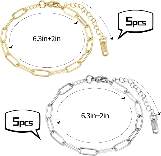 10 PCS Charm Bracelet Chain, 18K Gold Charm Bracelet Kit, 6.3Inch Paperclip Chain Bracelets, Chain Bracelet for Jewelry Making, Adjustable Jewelry Charm for Crafting and Gifting