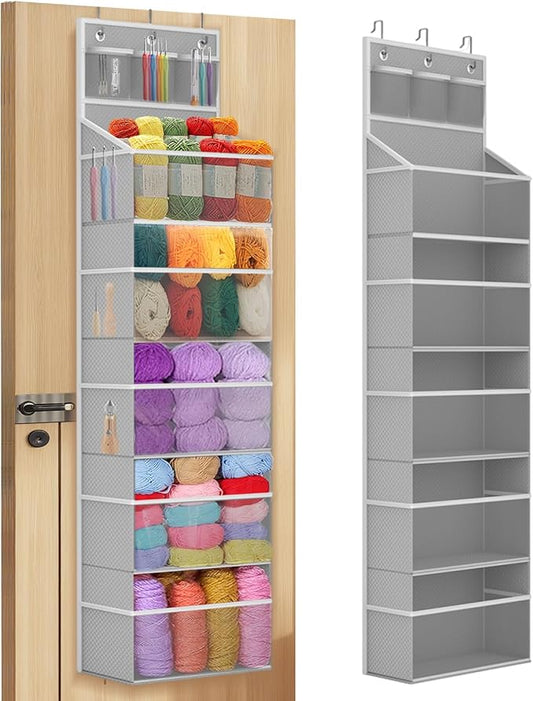 Hanging Yarn Storage Organizer, Large Capacity Knitting Yarn Organizer Storage with 5 Deep Pockets 13 Mesh Bags, Over The Door Yarn Holder for Knitting Needles Crochet Hooks, Grey