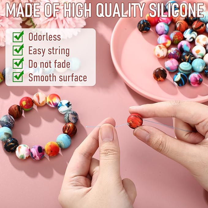 Ferreve 60 Pcs 15mm Silicone Beads Bulk Galaxy Print Round Focal Beads Rubber DIY Silicone Loose Bead for Bracelet Making Kit for Keychain Pens Necklace Bracelets Jewelry Making