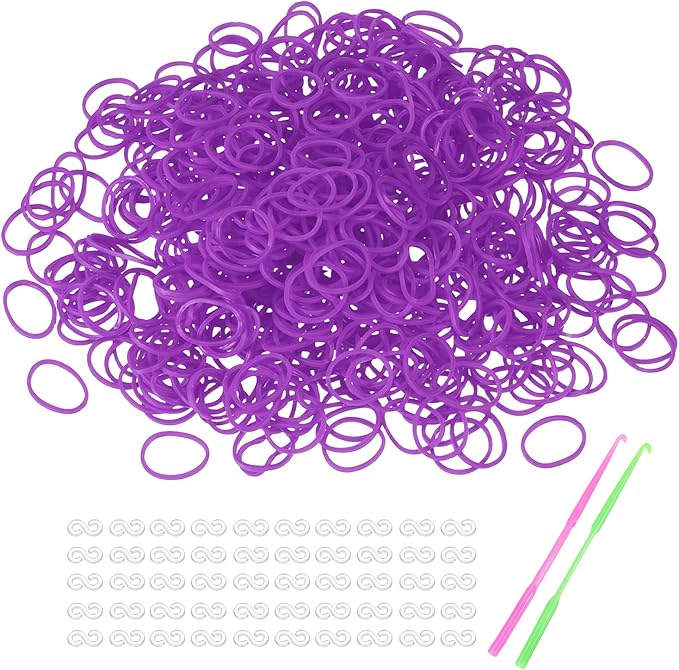 MECCANIXITY 1200 Pcs Loom Rubber Bands Kit with 50 Pcs S-Clips 2-Hooks Rubber Bands Refill Bracelet Making Kits for Weaving DIY Handcrafts Gift, Fluorescent Purple