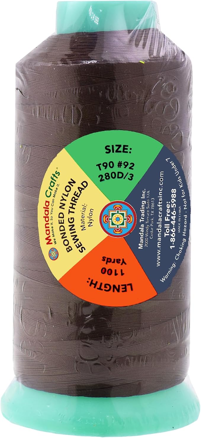 Mandala Crafts Size 92 280D T90 Bonded Nylon Thread - Dark Brown 1100 YDs Tex 90 Heavy Duty Sewing Threads for Leather, Jeans, Weaving, Outdoor Marine Upholstery