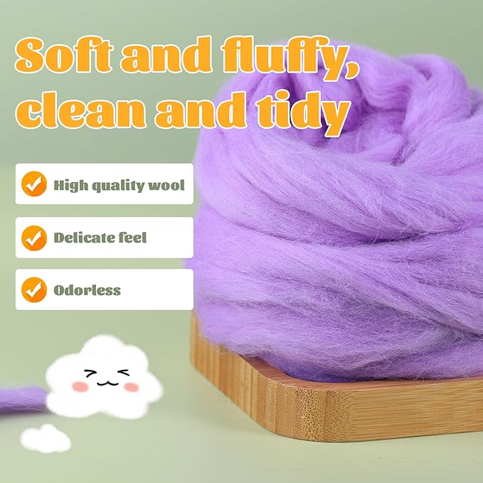 3.53oz Wool Roving, Wool Felting Supplies, Pure Wools, Chunky Yarn, Spinning Wool Roving for Needle Felting Wet Felting DIY Hand Spinning (Lavender)
