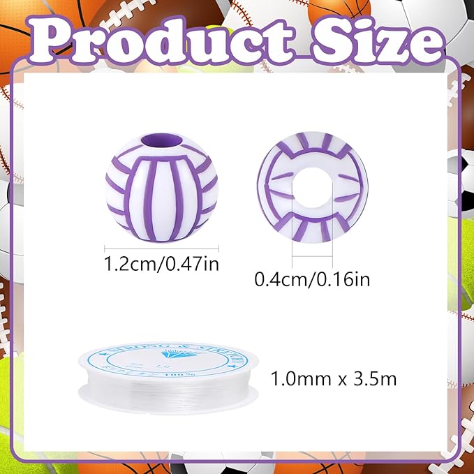 100pcs Volleyball Beads with 5.5 Yard Elastic Rope,Acrylic Sports Beads DIY Spacer for Necklace Bracelet Keychains Handmade Jewelry Making Accessories Craft Supplies,12mm(Rainbow Volleyball)