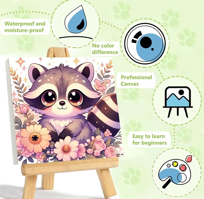 Reivworl Paint by Numbers Kit for Kids with Frame and Easel, Raccoon Paint by Number for Kids Age 6-8-12, Acrylic Paint by Numbers for Gifts and Home Decor (8X8 inch)