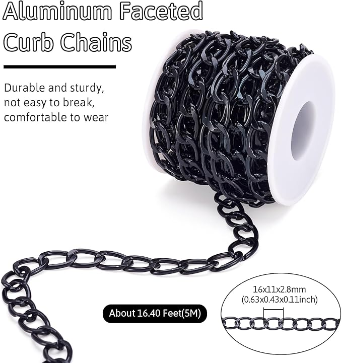 Sparkeads 16.40 Feet(5m) Faceted Curb Chains Black Chains for Jewelry Making,Diamond Cut Cuban Link Chains,Black Link Necklaces for Women,Cable Chain for Bracelet Earring DIY Jewelry Kits,16x11x2.8mm