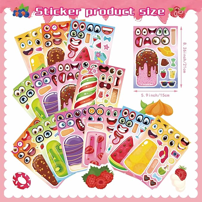 24 sheets ice cream stickers for kids classroom, make your own ice cream sticker, summer stickers birthday party favor, summer craft teacher reward