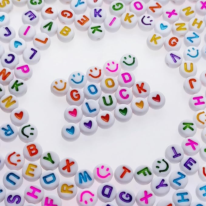 1000pcs Letter Beads Colorful Heart and Smiley Beads 7x4mm for Jewelry Making Bracelet Hair Braids Crafts