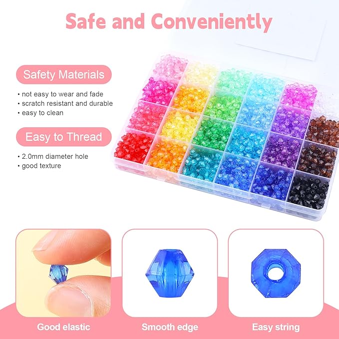 Crystal Beads for Jewelry Making 3000pcs Bicone Bracelet Bead Faceted Acrylic Beads 24 Colors Rainbow Loose Craft Bead for Jewelry Making, DIY Bracelets, Necklaces, Curtain, Key Chains