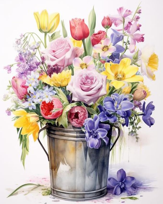 EIBEILI Diamond Painting Kits for Adults, Bucket Flowers Diamond Art for Beginner DIY Round 5D Paint by Diamonds Pictures Gem Full Drill Diamond Dots for Home Wall Decor Gifts 12x16inch