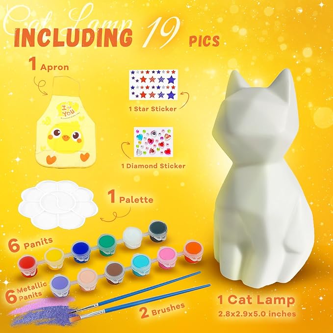 Cokiki Paint Your Own Cat Lamp Kit, Art Supplies DIY Cat Crafts Night Light Painting Kit, Arts and Crafts for Kids Ages 8-12, Holiday Gift for Girls Boys Ages 6 7 8 9 10 11 12+