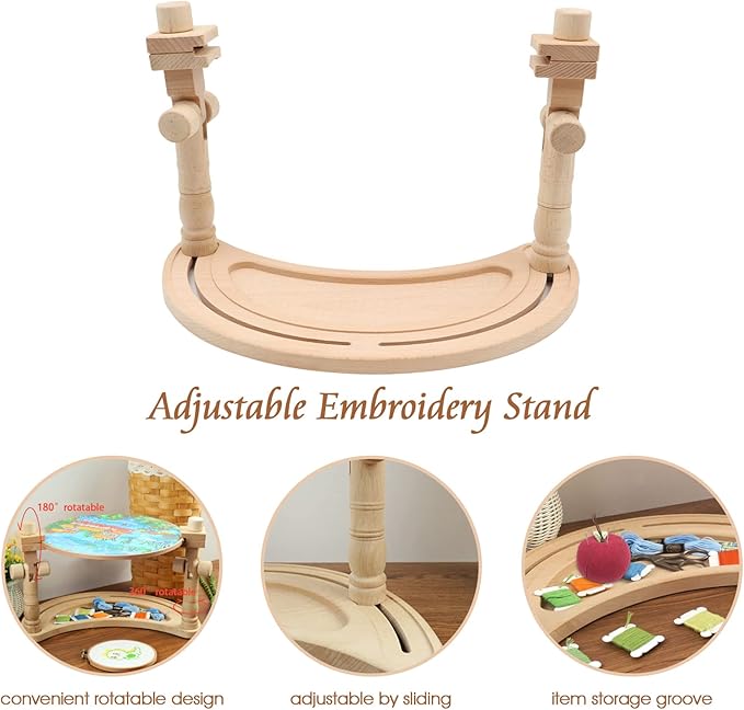zocone multifunctional beech wood embroidery hoop stand with 2 pcs 6'' 8'' embroidery hoops, adjustable rotated embroidery stand cross stitch stand, embroidery hoop holder for embroidery project (d)