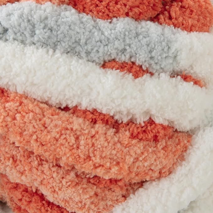 HOMBYS Chunky Tie Dye Mix Chenille Yarn for Hand Knitting, Super Bulky Jumbo Yarn for Crocheting, 3/4" Thick Soft Plush Yarn for Blankets, 8 Skein Pack (26 yds / 7.5 oz Each) Orange Grey White