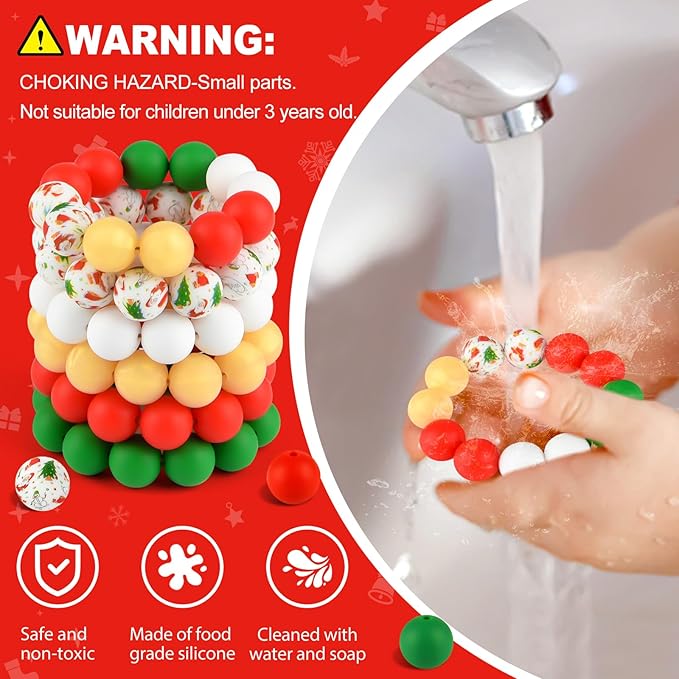 ASTARON 100 Pcs 15mm Silicone Beads for Keychain Making, Green Red Gold Round Beads Bulk for Christmas Bracelets Crafts Jewelry Making Supplies Christmas Gift Ideas Decorations