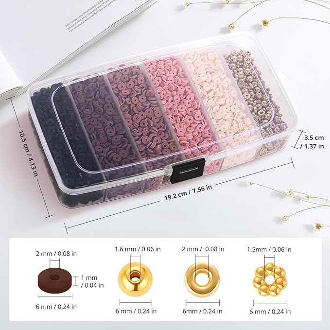 Funtopia 5200+ Pcs Brown Clay Beads Bracelet Making kit, Heishi Beads Polymer Clay Beads for Jewelry Making, Friendship Bracelet Kit with Gold Beads Charms for Girls Adults (6mm)