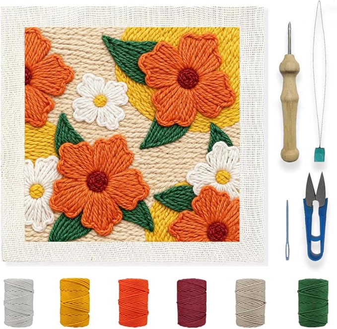 INFUNLY Punch Needle Frame Kits Red Flowers Punch Needle Embroidery Set with Patterns 9.4x9.4 Punch Needlework Starter Kit for Beginners with Yarn Fabric Festival Gift Home Decor