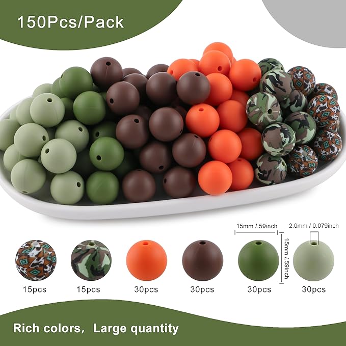 150Pcs Mixed Color 15mm Silicone Beads for Keychain Making, Orange Bean Green Print Silicone Beads for Pens and Bracelet Jewelry Making