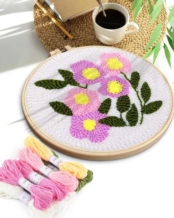 TINDTOP Punch Needle Kits, Flowers Punch Embroidery Kits for Adults Beginner, Tool with Punch Needle Fabric, Hoops, Yarns and Sewing Needles
