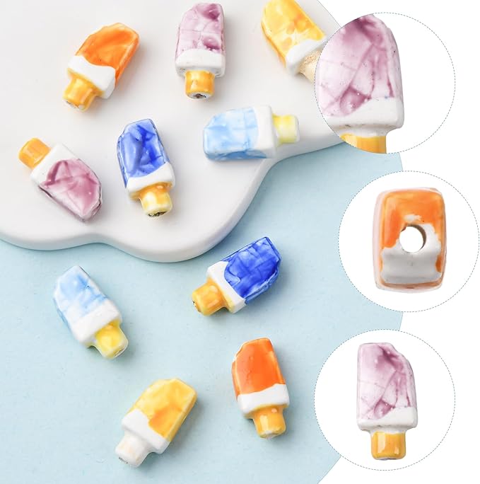 10Pcs Porcelain Ceramic Ice Cream Shapes Beads, 5 Colors Cute Food Shapes Porcelain Loose Spacer Beads for DIY Necklaces Bracelets Crafts Supplies Jewelry Accessories