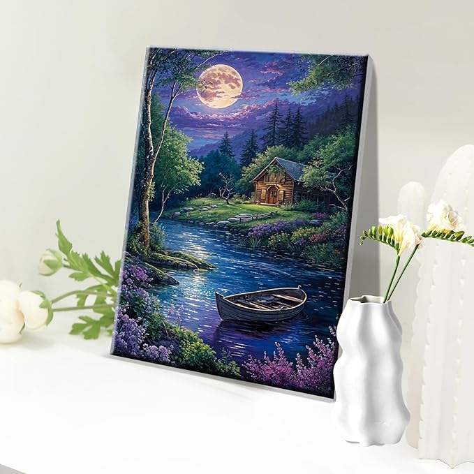 JOOZ Landscape Paint by Numbers Kit for Adults Beginner with Easel Cabin at Night Paint by Number on Canvas with Frame DIY Acrylic Painting for Ideal Gift Home Wall Decor 7.87x11.81 Inch