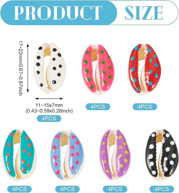 Cheriswelry 28Pcs Natural Spiral Shell Beads Print Polka Dot Sea Shells Beach Spacer Beads Cowrie Shell Loose Bead 17-22mm for DIY Summer Earring Bracelet Necklace Jewelry Making