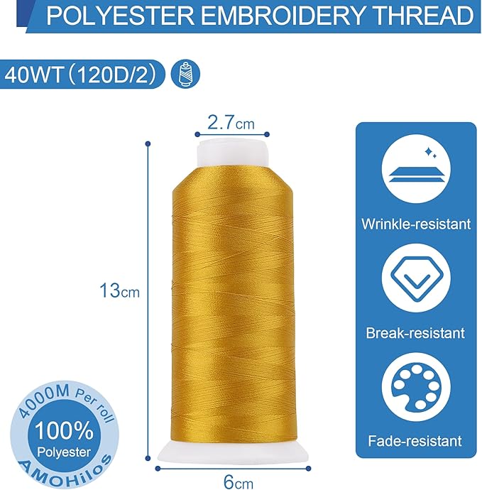 High Tenacity Polyester Embroidery Machine Thread 40WT(120D/2) 4000M Per Spool for Commercial and Domestic Embroidery Machine (Military Gold-1772)