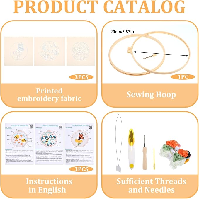 3 Pcs Punch Needle Kits, 7.87 Inch Cute Floral, Bees and Butterfly Punch Needle Kit for Adults Beginner Children Needles Punching kit with Embroidery Hoop, Instruction, Fabric, Sewing Needles, Yarns
