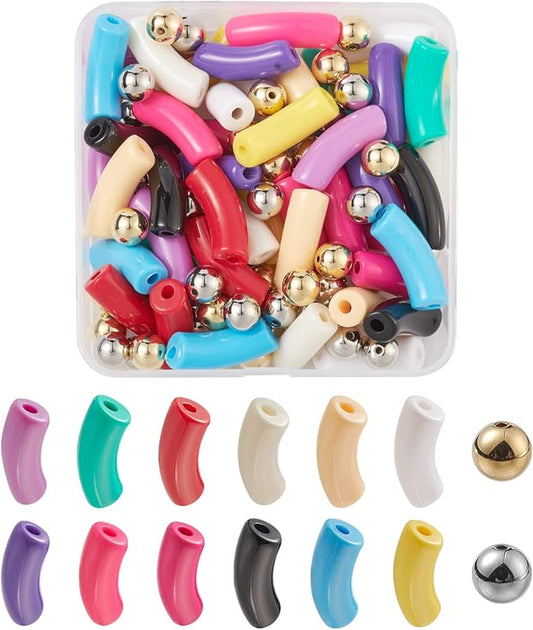 Crafans 48Pcs Acrylic Chunky Tube Beads with Round Plastic Spacer Beads, 12 Colors Opaque Curved Tube Beads for Bamboo Bangles Bracelet Jewelry Making