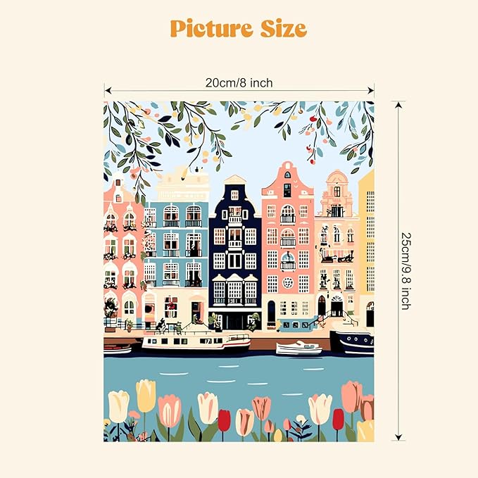 MXJSUA 4 Pack Romantic Street Scene Framed Paint by Numbers Kit with Canvas for Adults Beginner, DIY Acrylic Oil Painting Kits with Brushes for Home Wall Decor Gift (8x10 inch)