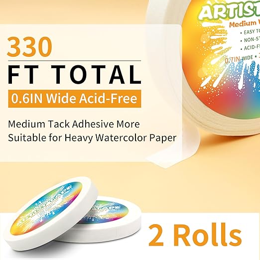 2 Packs White Art Tape Medium Tack Artist Masking Tape Paper Acid Free Tape Watercolor Painters Tape Artists Tape for Drafting Art Watercolor Painting Canvas Framing, 0.7 inch Wide 330FT Long