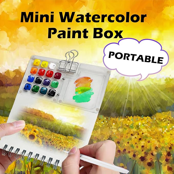 Mini Watercolor Paint Set, Portable Travel Art Kit with 12-Color Paint, 6 Brushes, 2 Sketchbooks & Crossbody Bag - Ideal for Artists & Beginners (transparent acrylic)