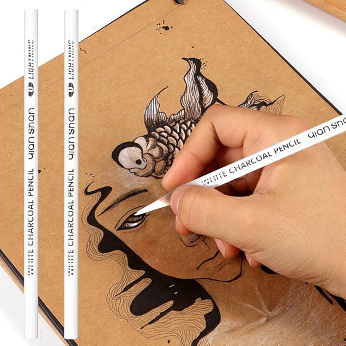 2 Pcs White Sketch Charcoal Pencils -Professional Hight Quality Sketch Highlight White Charcoal Wooden Pencils for Artist Drawing, Sketching, Blending
