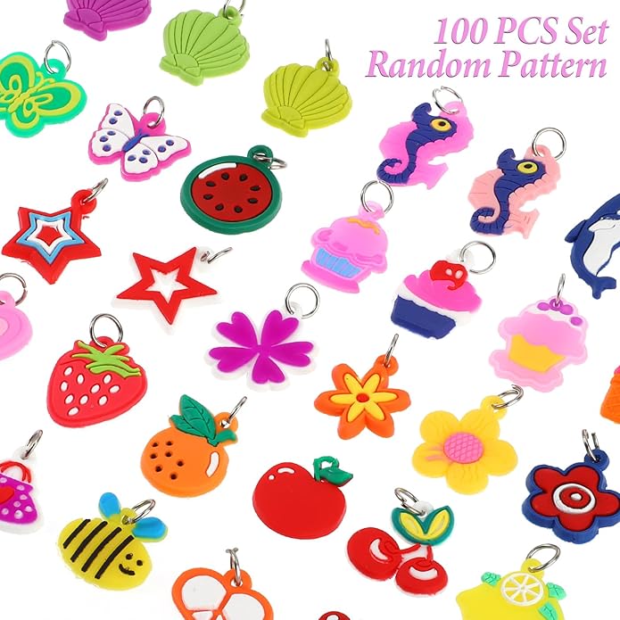 100 Pcs Silicone Charms for Bracelets,Rubber Loom Band Charm,Rubber Band Bracelets Charms,Charms for Bracelet Making,for Pendant Bracelet Making DIY Handmade Materials(Random styles)