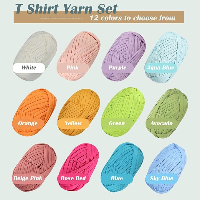 SIMEIQI 12 PCS T-Shirt Yarn Elastic Fabric Crochet for DIY Knitting, Spaghetti Thick Knitting Yarn for Hand DIY Bag Blanket Cushion Crocheting Projects,Home Decor（12 Colors）