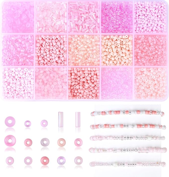 DUQGUHO Pink Beads for Jewelry Making 4mm Pink Glass Seed Beads Kit 15 Color 3mm 2mm Small Plastic Tube Bead for Bracelets Craft DIY