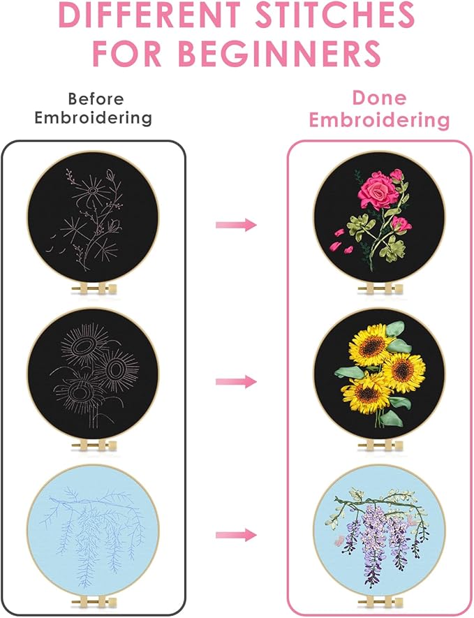 TINDTOP Embroidery Kit for Adult, Ribbon Embroidery Kit for Beginners for Craft Lover Hand Stitch with Embroidery Skill Techniques (Flowers)