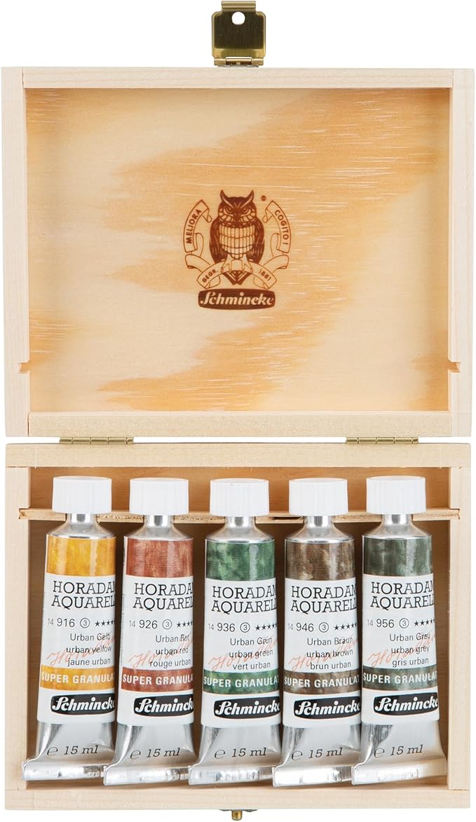 Schmincke - HORADAM® AQUARELL, Super Granulation Set Urban, 5 x 15 ml tubes, 74 893 097, wooden box, very strong granulating shades, finest, super granulating watercolors