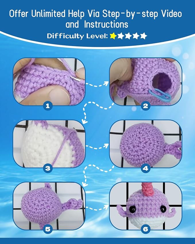 Fortilo Crochet Kit for Beginners 4PCS Colored Whale Crochet Animals with Step-by-Step Video Tutorials 30% Extra Yarn, Perfect for Gifts, Emotional Support, Ideal Knitting Kit for Adults, Kids