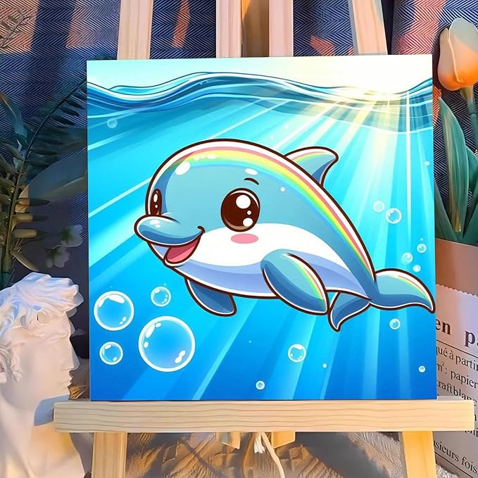 Reivworl Paint by Numbers Kit for Kids with Frame and Easel, Dolphin Paint by Number for Kids Age 6-8-12, Acrylic Paint by Numbers for Gifts and Home Decor (8X8inch)