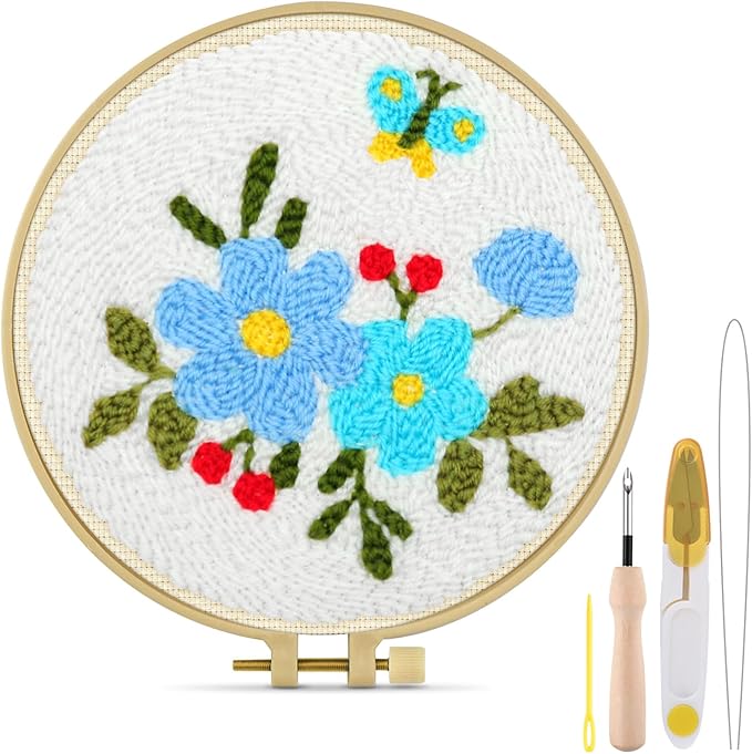 TINDTOP Punch Needle Embroidery Kits, Flowers Punch Needle Kits for Adults Beginner, Tool with Punch Needle Fabric, Hoops, Yarns and Sewing Needles (Set A)