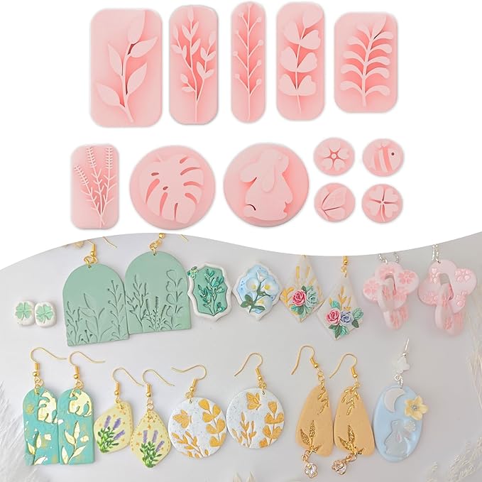 Jopgeey Polymer Clay Stamps Tool Set for Adults - 3D Print 12 Shapes of Plant & Animal, Work with Polymer Clay Cutter, Spring Cutter Stamps for Jewelry Pieces Making, Earrings and Necklace Pendants