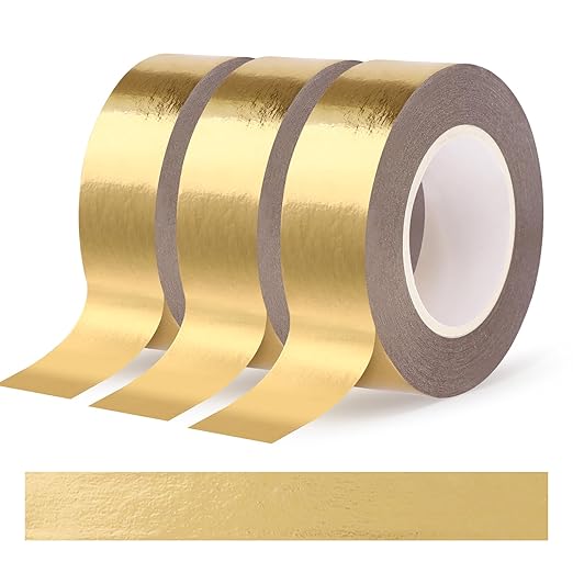 3 Rolls Gold Washi Tape 0.59In × 196Ft (Total 60m) Solid Foil Gold Tape, Low Adhesive Shiny Metallic Decorative Tape for TV Frame Mirror Decor Crafts Gift Wrapping